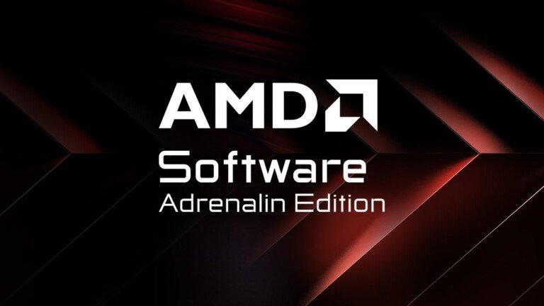 Logo AMD Software Adrenalin Edition in bianco su sfondo rosso e nero.