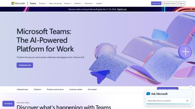 Pagina ufficiale di Microsoft Teams con grafica astratta 3D e slogan sull'intelligenza artificiale.