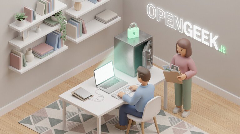 Illustrazione 3D di un ufficio con un laptop collegato a una cassaforte digitale con lucchetto.