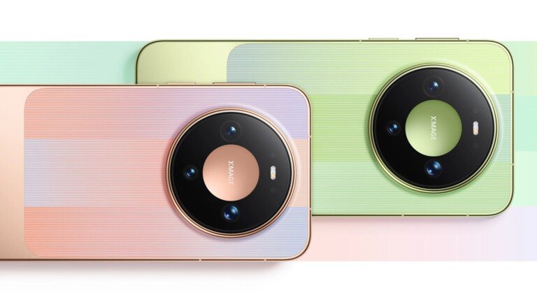 Retro di due Huawei Mate 90 in rosa e verde con moduli fotografici circolari XMAGE.