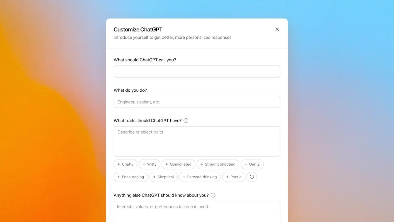 Finestra di dialogo per personalizzare le opzioni di ChatGPT.