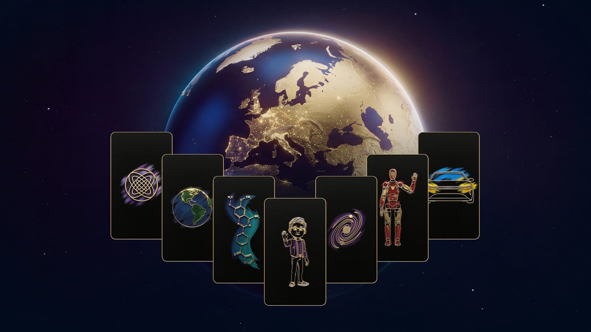 Illustrazione stilizzata con schede di robot, avatar e auto sovrapposte al pianeta Terra